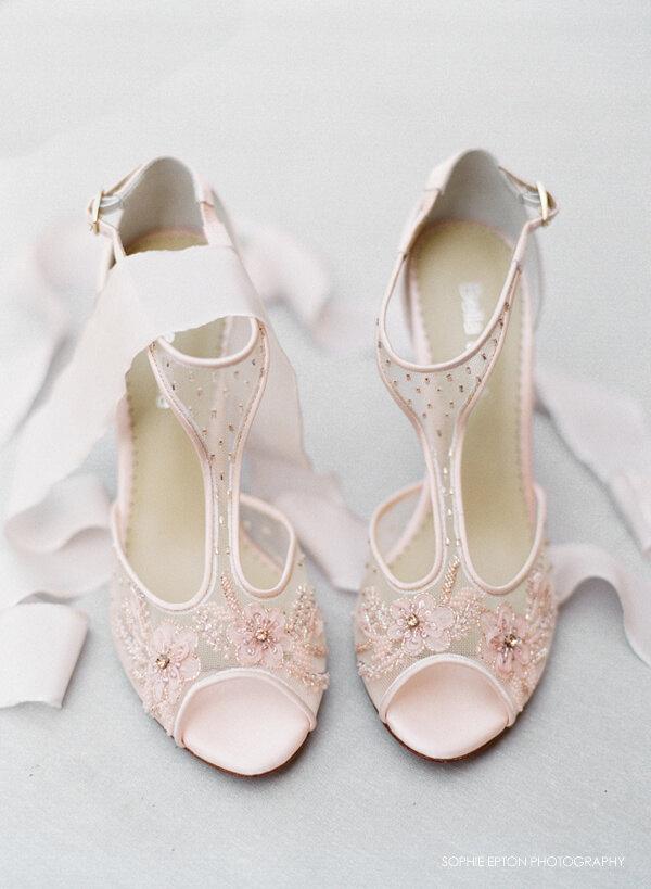 زفاف - Blush Nude Pink Illusion T Strap Beaded and Flower Embellished Wedding Shoes Bridal Heels Bella Belle Paloma Blush