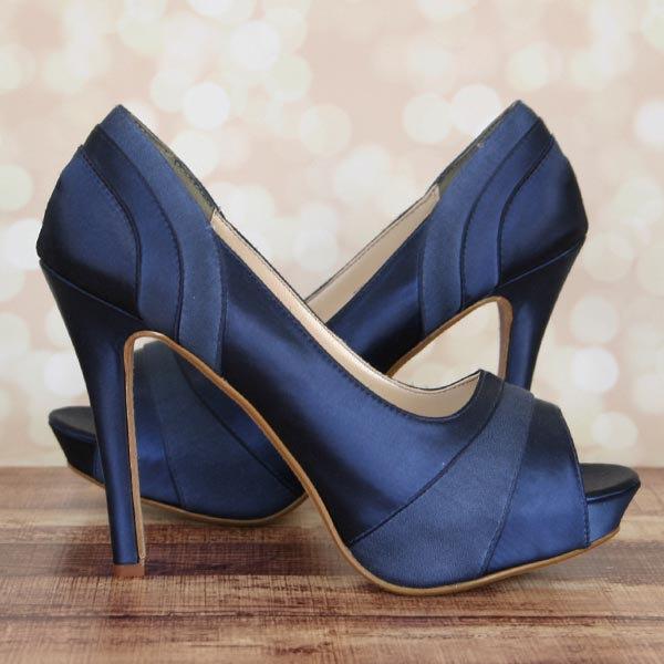 Свадьба - Custom Wedding Shoes -- Navy Blue Platform Peep Toe Wedding Shoes with Satin and Chiffon Panels