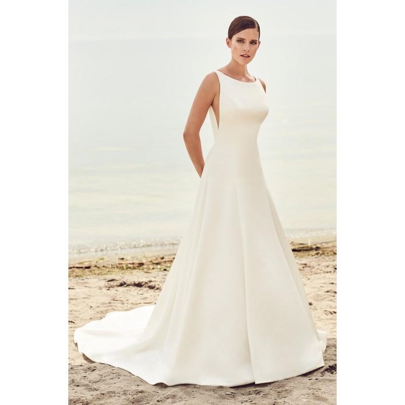 زفاف - Mikaella Spring/Summer 2017 2115 Simple Ivory Chapel Train Bateau Aline Sleeveless Satin Covered Button Wedding Dress - Top Design Dress Online Shop