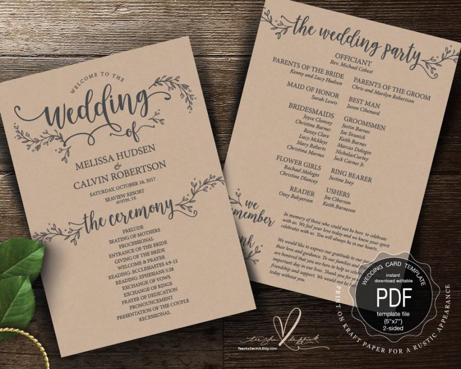 زفاف - Rustic Wedding Program PDF card template, instant download editable printable, Ceremony order card in calligraphy floral theme (TED418_2)