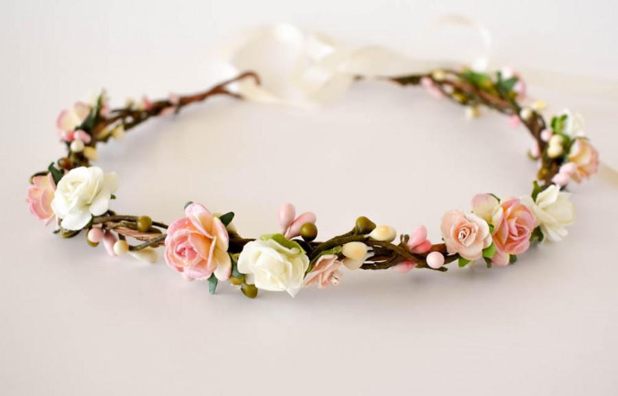 Свадьба - Blush flower crown.  Rustic floral crown in shades of pink, peach, and blush. Bridal headpiece. Bridesmaids wreath. Flower girls headband.