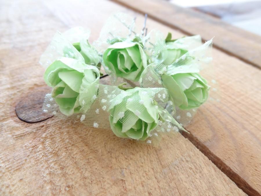 Hochzeit - Apple Green  Rose Wedding Hair Pins, Ivory Bridal Hair Pins, Hair Accessories, Bridesmaid Hair, Woodland - Set of 6