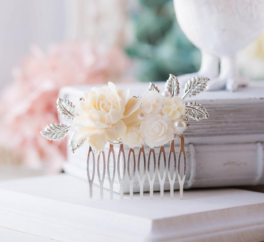 Wedding - Silver Bridal Hair Comb, Ivory Rose Flowers Silver Leaf Wedding Hair Comb, Vintage Wedding Garden Wedding Country Barn Wedding Hair Comb