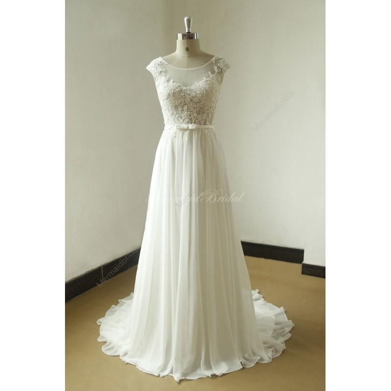 Wedding - Ivory A line chiffon lace see thru wedding dress with elegant beading work - Hand-made Beautiful Dresses