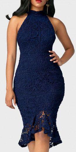 زفاف - Sleeveless Navy Blue Asymmetric Hem Lace Dress