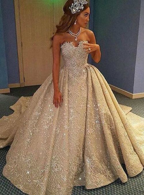 زفاف - Trendy Luxurious A-Line Wedding Dress - Strapless Sleeveless Lace Court Train