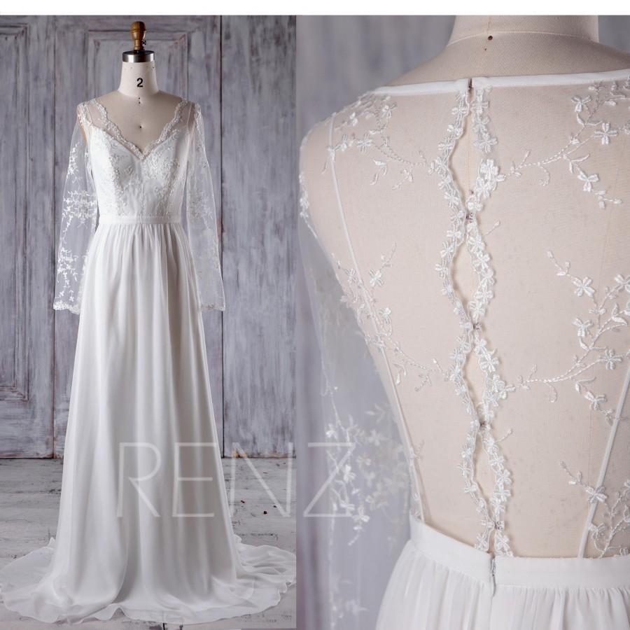 Off White Chiffon Lace Bridesmaid Dress With Long Sleeve, V Neck