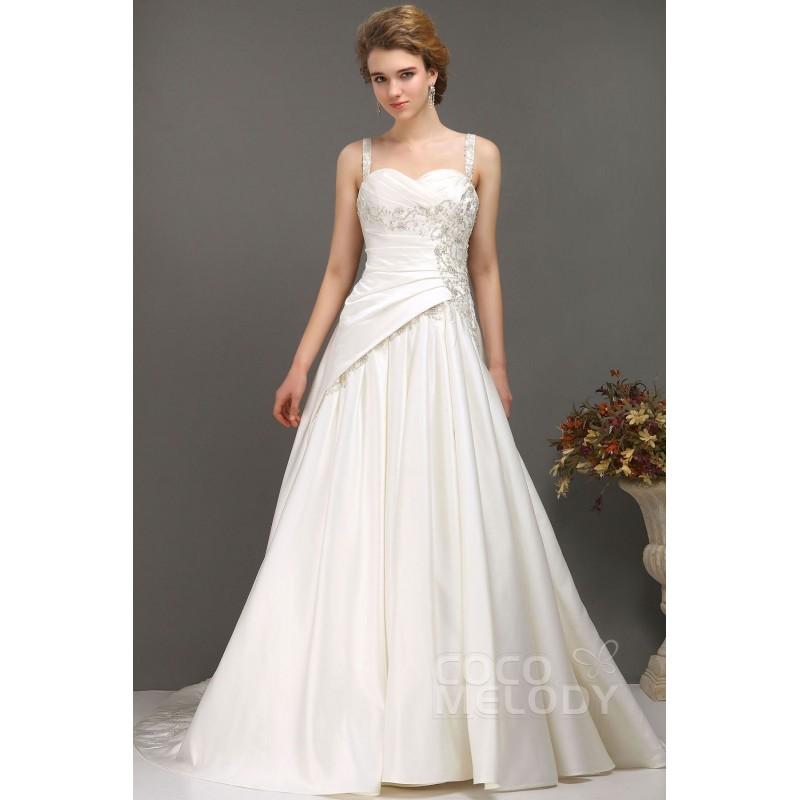 زفاف - Hot Sale A-Line Straps Chapel Train Satin Lace Up-Corset Wedding Dress CWLT1300C - Top Designer Wedding Online-Shop