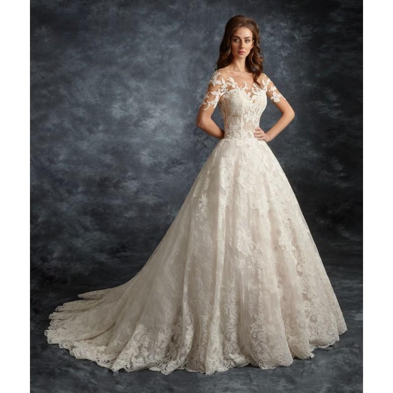 Wedding - Ira Koval 2017 602 Ivory Chapel Train Sweet Appliques Lace Illusion Ball Gown Short Sleeves Covered Button Bridal Gown - Stunning Cheap Wedding Dresses