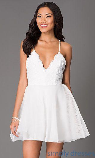 Mariage - LUX-LD1403 - Short Fit-and-Flare Scalloped Lace V-Neck Dress