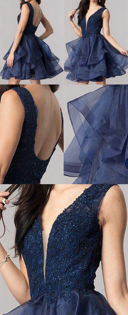 Свадьба - Short Elegant Deep V-neck Open U Back Royal Blue Lace Appliques Beads Homecoming Prom Dresses,BD00202
