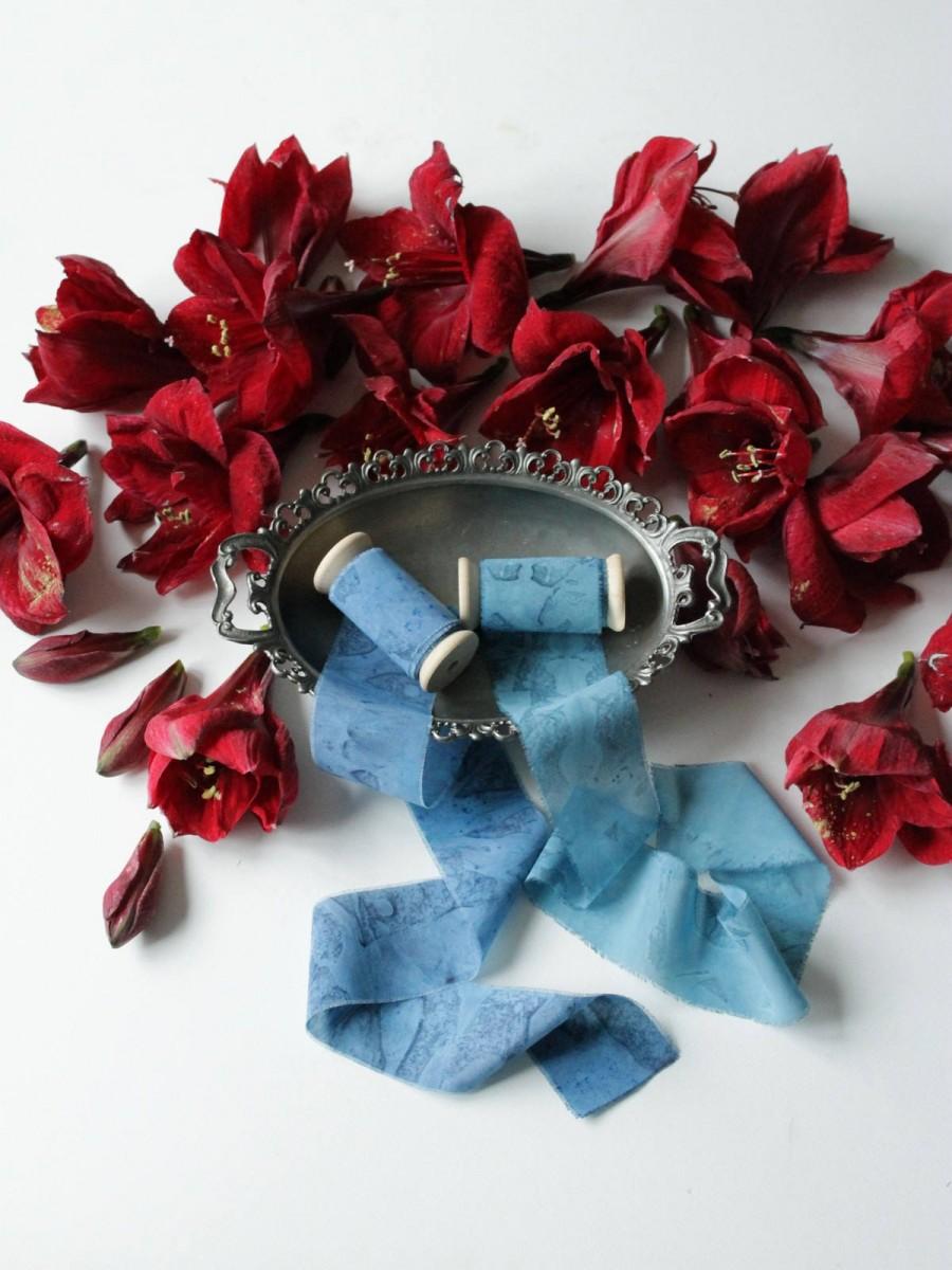 Wedding - Marbled silk ribbon Blue silk chiffon satin ribbon on wooden spool 3 m/5 cm (3,3 yd/ 2") Wedding stationary styling Newborn headband tieback