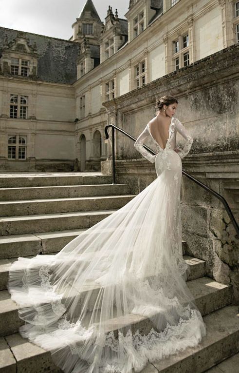 Hochzeit - Long-Sleeve Low Back Long Tulle Bridal Train Wedding Dress