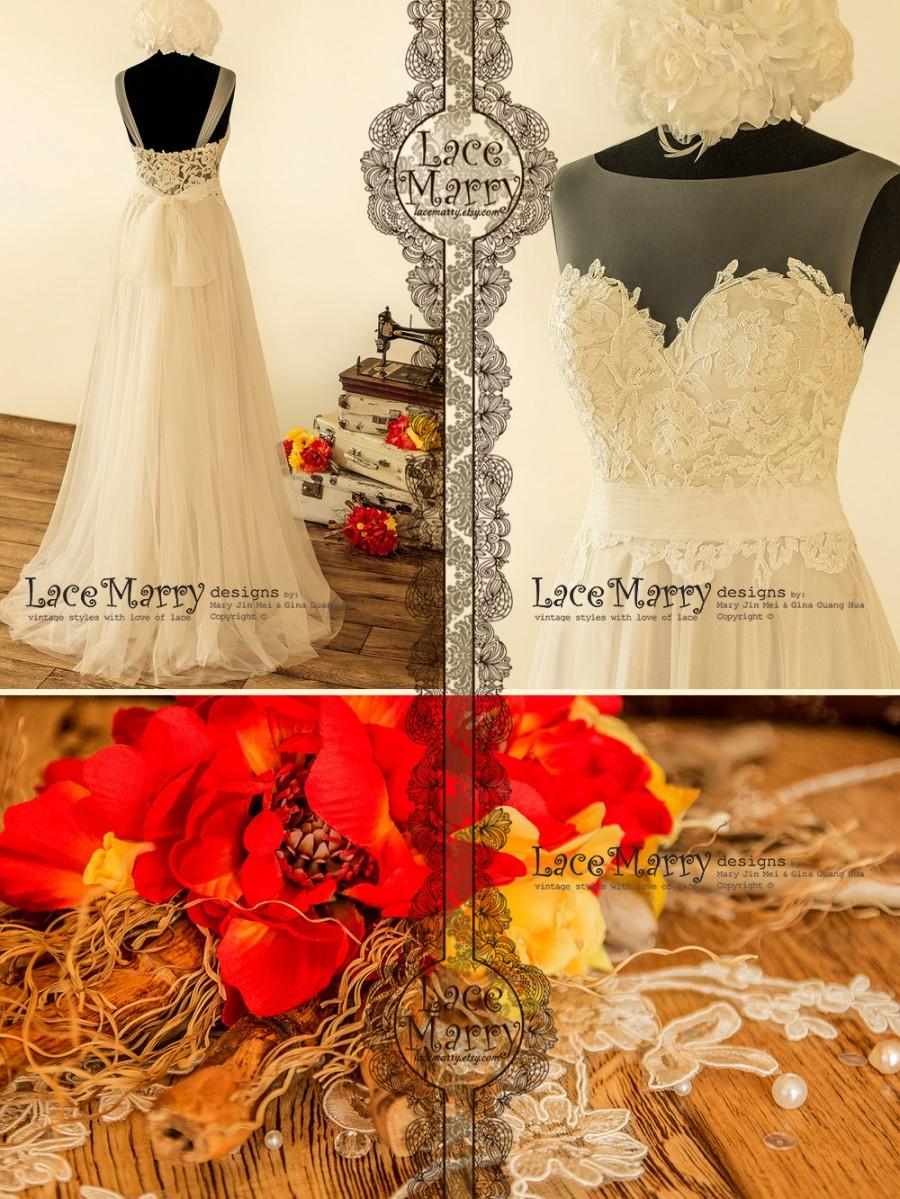 Hochzeit - Boho Wedding Dress with Sheer Neckline and Stunning Dark Shade of Underlay 