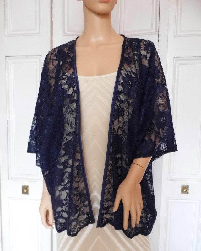 Mariage - Navy blue lace kimono/jacket/wrap/cover-up/bolero with satin edging