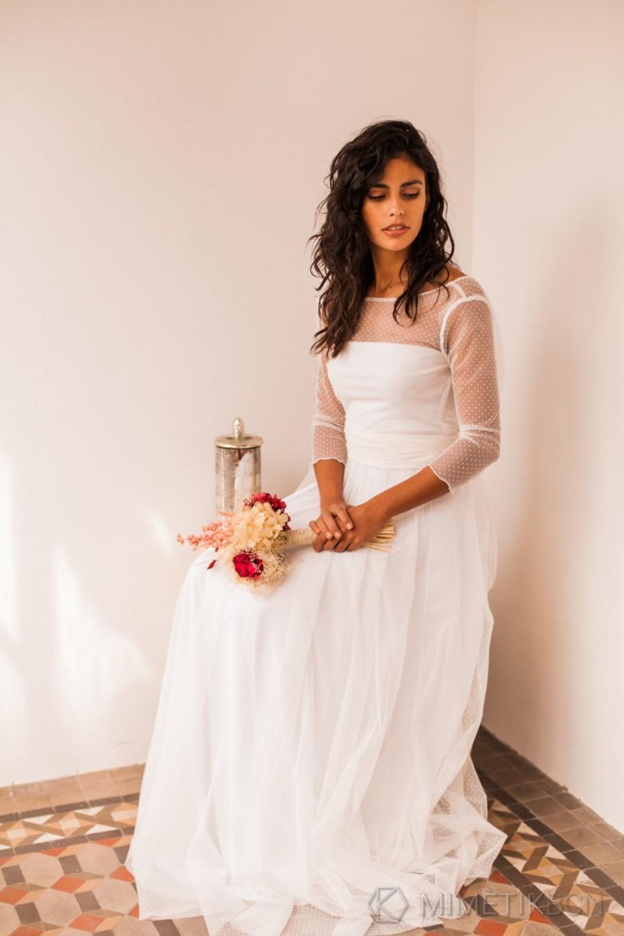 Mariage - Wedding dress, tulle wedding dress, long sleeve wedding dress, swiss dot wedding dress, long sleeves bridal dress, long sleeve bridal gown