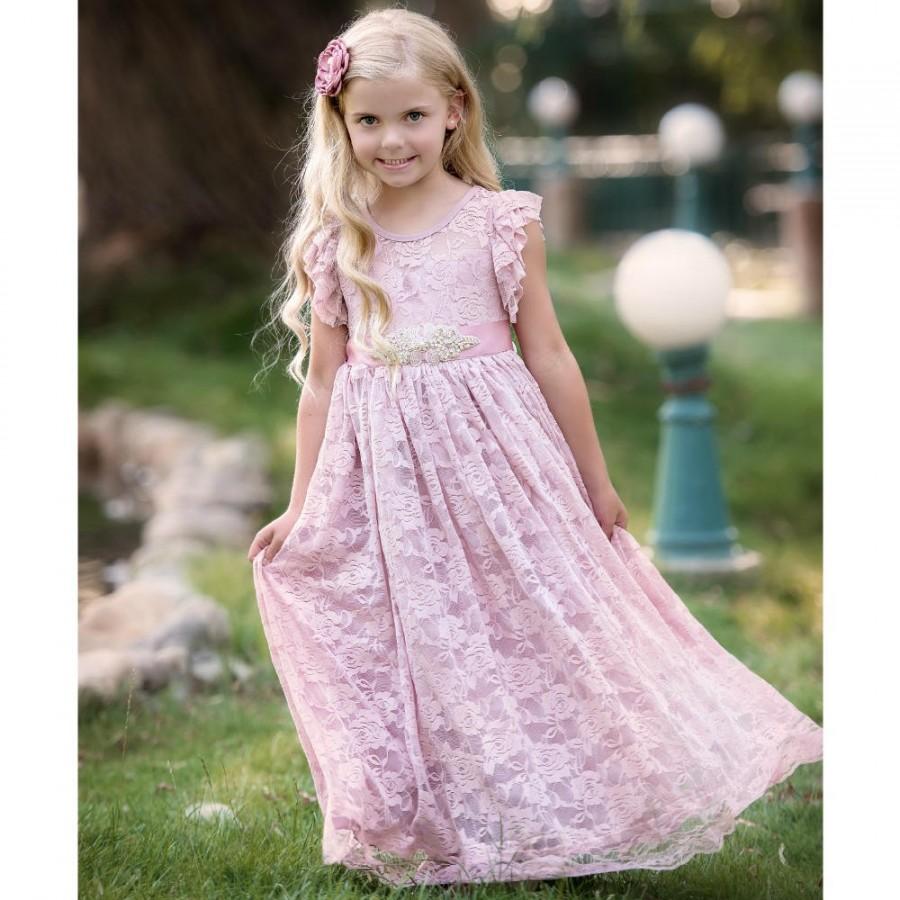 Mariage - Flower girl dress, lace rustic flower girl dress, Lace flower girls dresses, Blush pink mauve lace girls dress, Toddler dress, Baby dress.