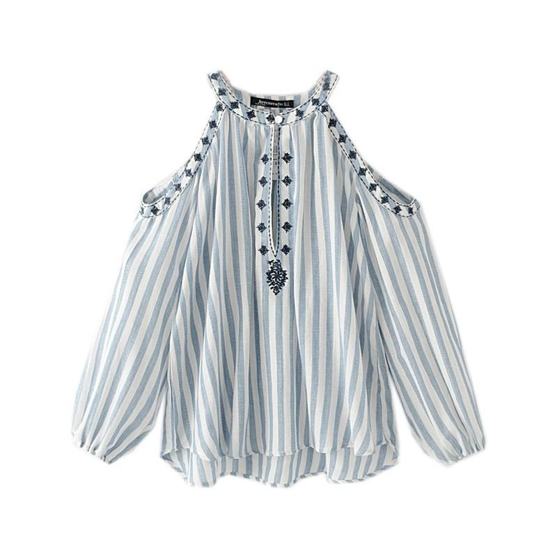 زفاف - Oversized Embroidery Slimming Off-the-Shoulder Scoop Neck Stripped Trendy Summer Long Sleeves Blouse - Lafannie Fashion Shop