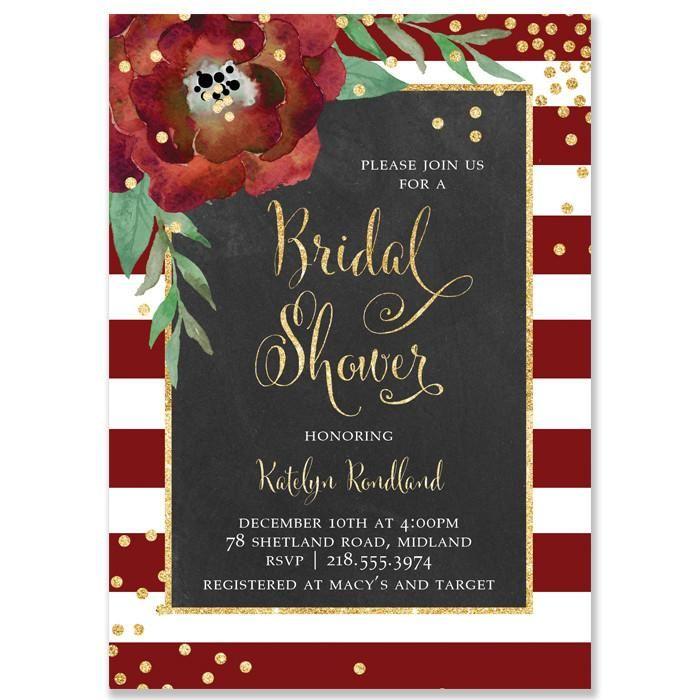 Wedding - "Katelyn" Red   White Stripe Chalkboard Christmas Bridal Shower Invitation