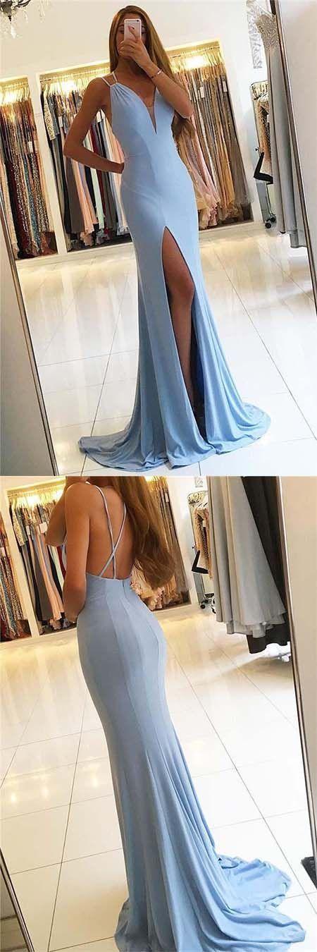 زفاف - Gorgeous Sleeveless Mermaid Evening Dress Front Slit Long Blue Prom Dress OK622