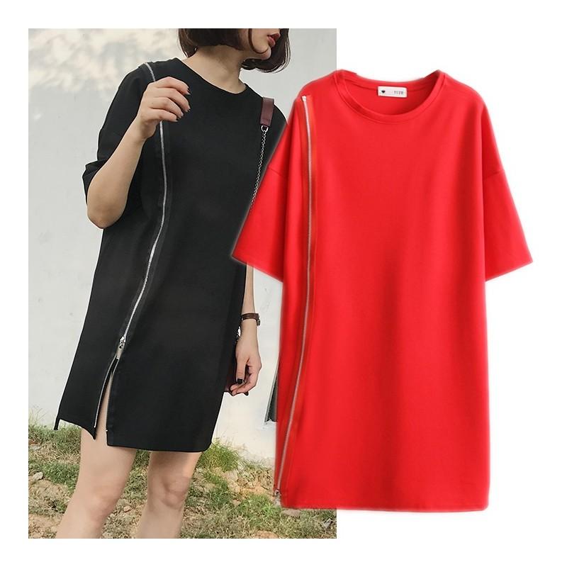 Mariage - Oversized Slimming Scoop Neck 1/2 Sleeves Zipper Up Accessories One Color Top T-shirt Basics - Lafannie Fashion Shop