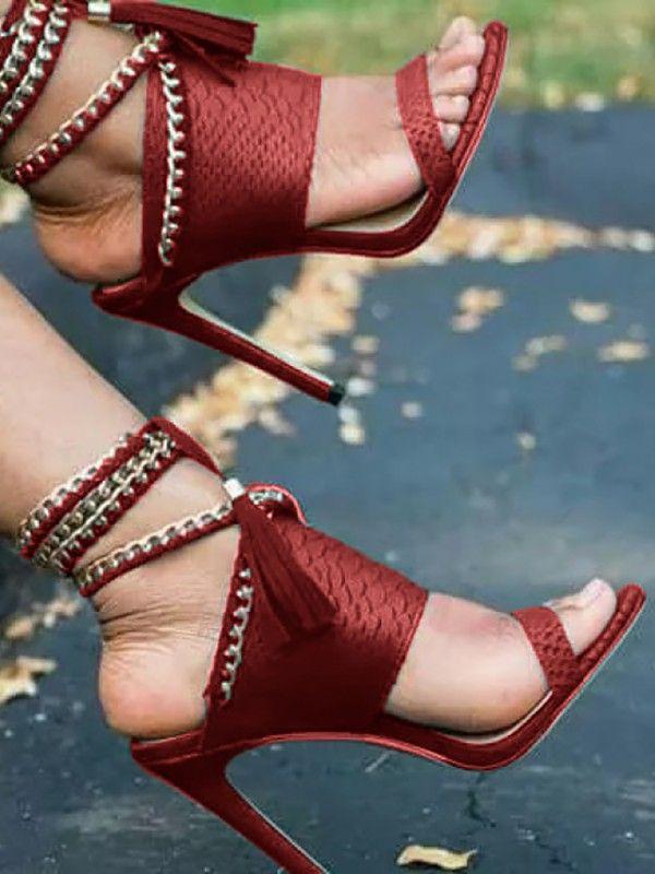 Hochzeit - Chain Bandage Double Tassel Stiletto Sandals