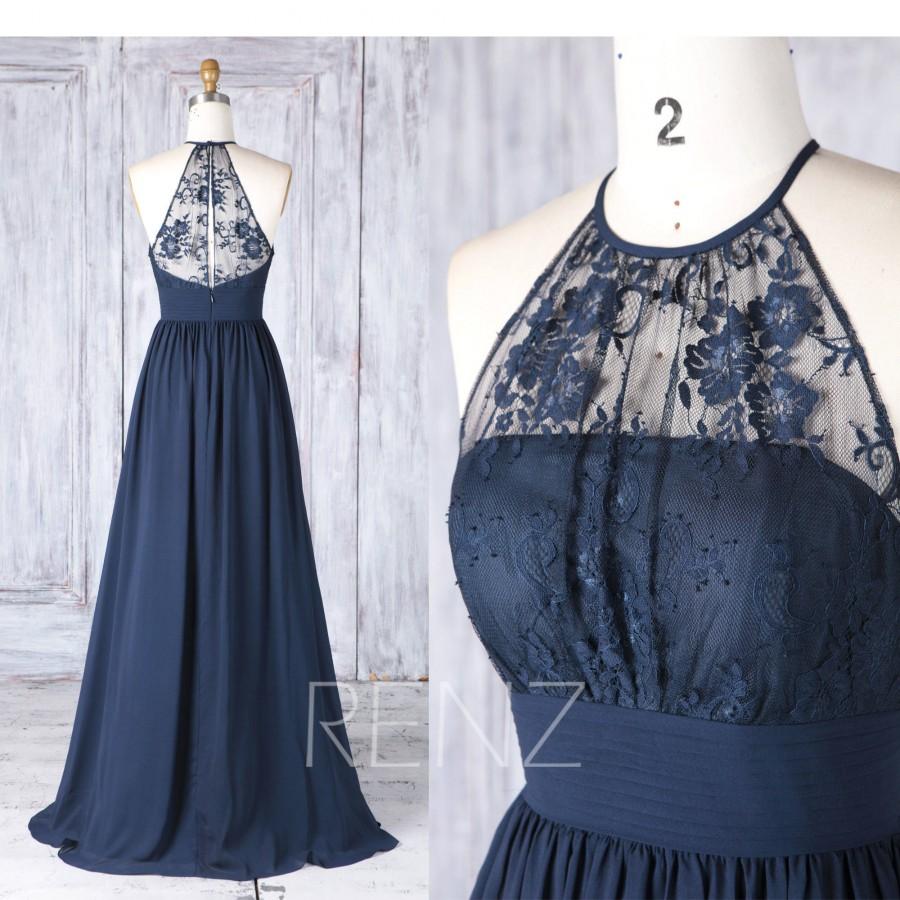 Mariage - Bridesmaid Dress Navy Blue Chiffon Illusion Lace Wedding Dress,Halter Key Hole Back Ruched Prom Dress,A Line Long Evening dress (H516)