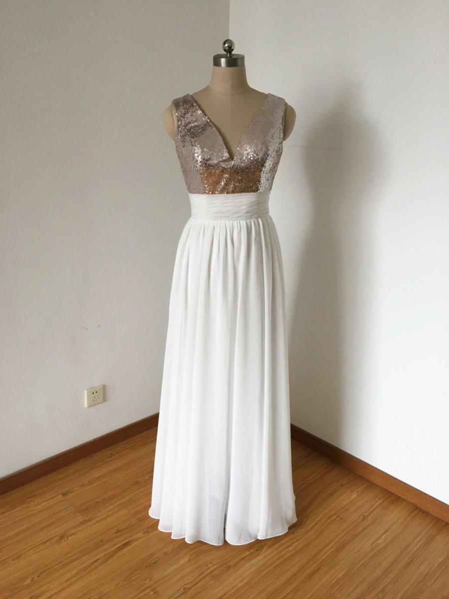 Hochzeit - V-neck Silver Sequin Ivory Chiffon Long Bridesmaid Dress