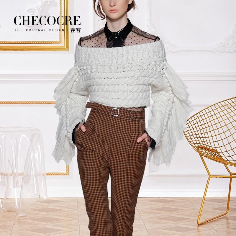 زفاف - Fringe Off-the-Shoulder Tulle Jersey Polka Dot 9/10 Sleeves Essential Sweater - Bonny YZOZO Boutique Store