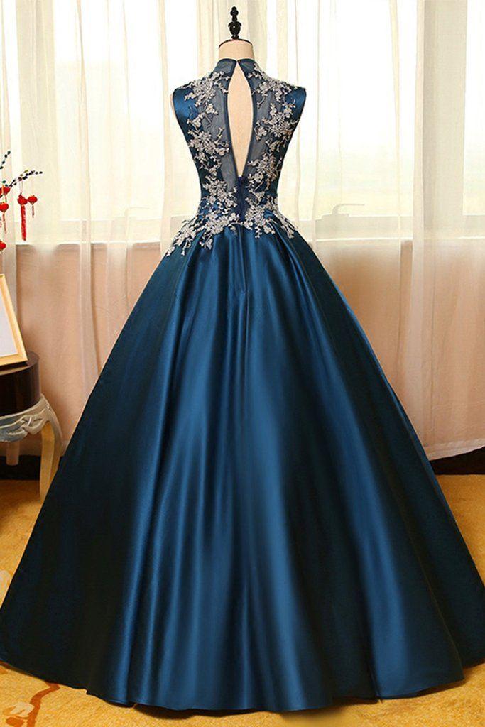 Hochzeit - Blue Satins Lace Applique Round Neck See-through A-line Long Prom Dresses,ball Gown Dresses