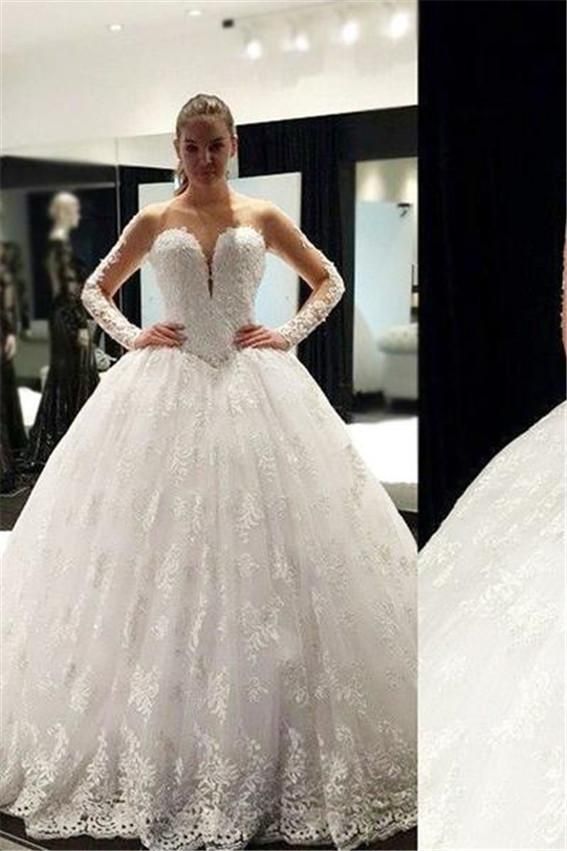 زفاف - Cheap Stunning Scoop Neck Long Sleeve Lace Ball Gown Wedding Dress