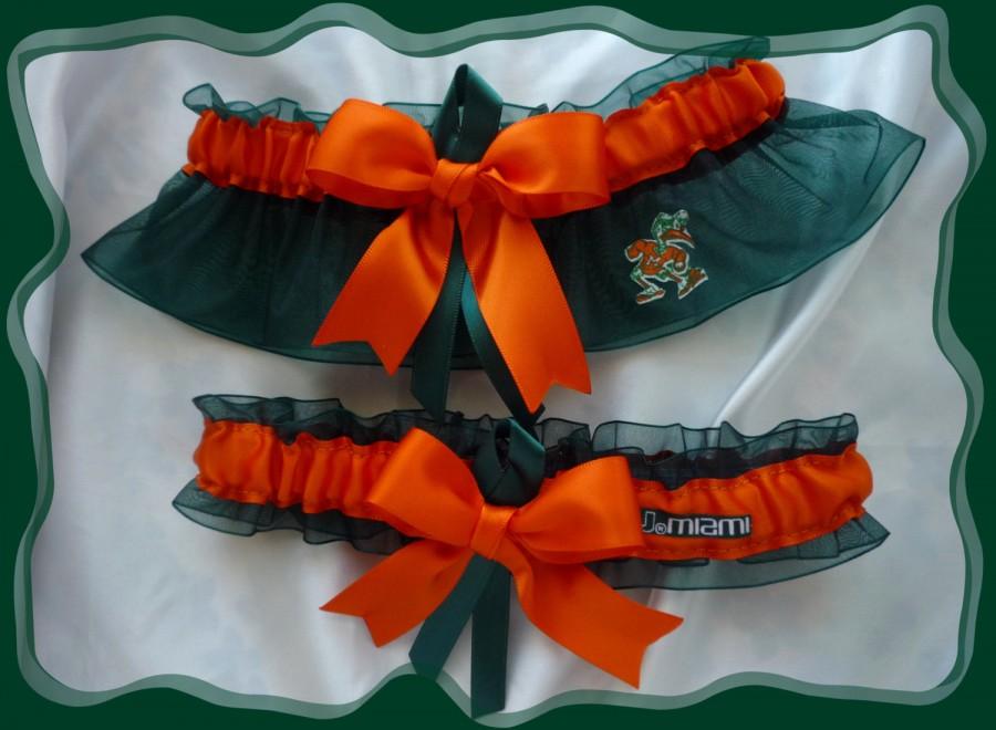 Hochzeit - Miami Hurricanes Green/Orange Organza Ribbon Wedding Garter Set 