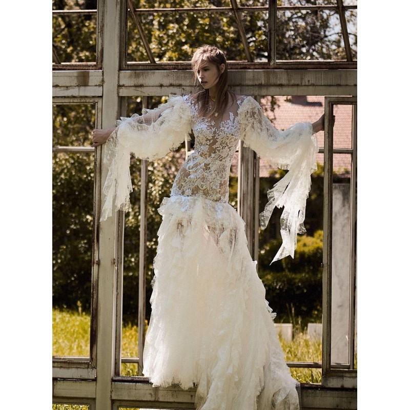 زفاف - Christos Costarellos Spring/Summer 2018 BR18 32 Spring Ruffle Lace Vogue Sweep Train Ivory Illusion Trumpet Dress For Bride - Top Design Dress Online Shop