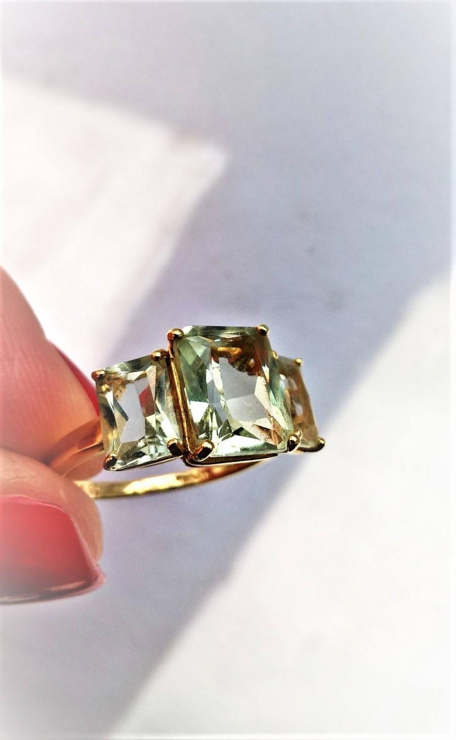 Wedding - Art Deco Style 3 Stone Prasiolite Aqua Green Quartz Engagement Right Hand Promise Ring 14K Anniversary Vintage Estate Gift Idea Retro Boho