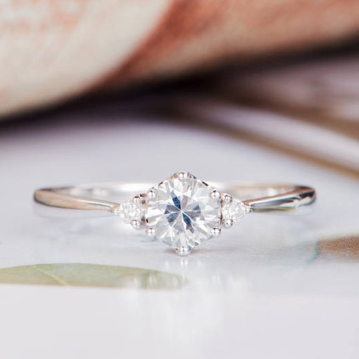 Wedding - Moissanite Engagement Ring White Gold Diamond Round Cut Women Birthstone Three Stone Antique Bridal Anniversary Promise Wedding Ring
