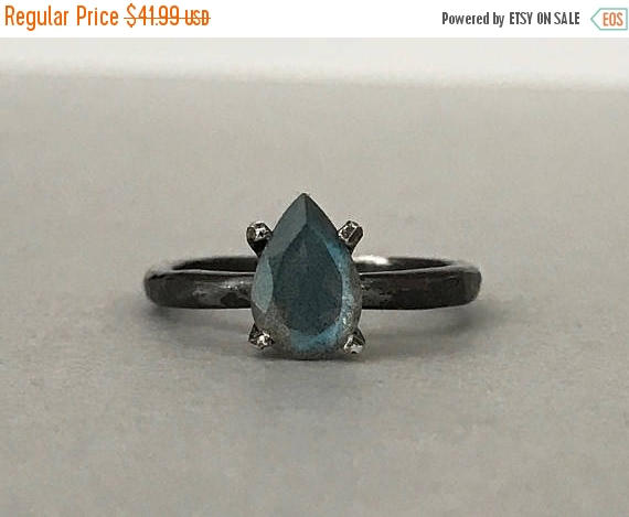 Hochzeit - Pear Shape Labradorite Engagement Ring Sterling Silver Tear Drop Natural Flashy Labradorite Stone Oxidized Solitaire Wedding & Promise Ring