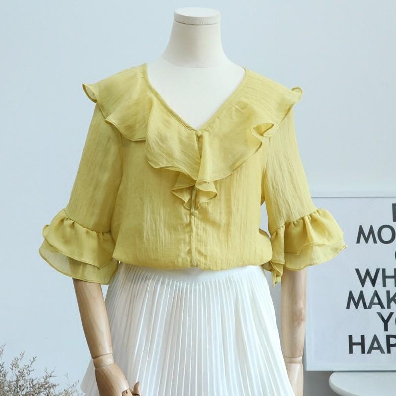 Mariage - Must-have Office Wear Oversized Sweet Frilled Flare Sleeves V-neck It Girl Summer Chiffon Top - Lafannie Fashion Shop