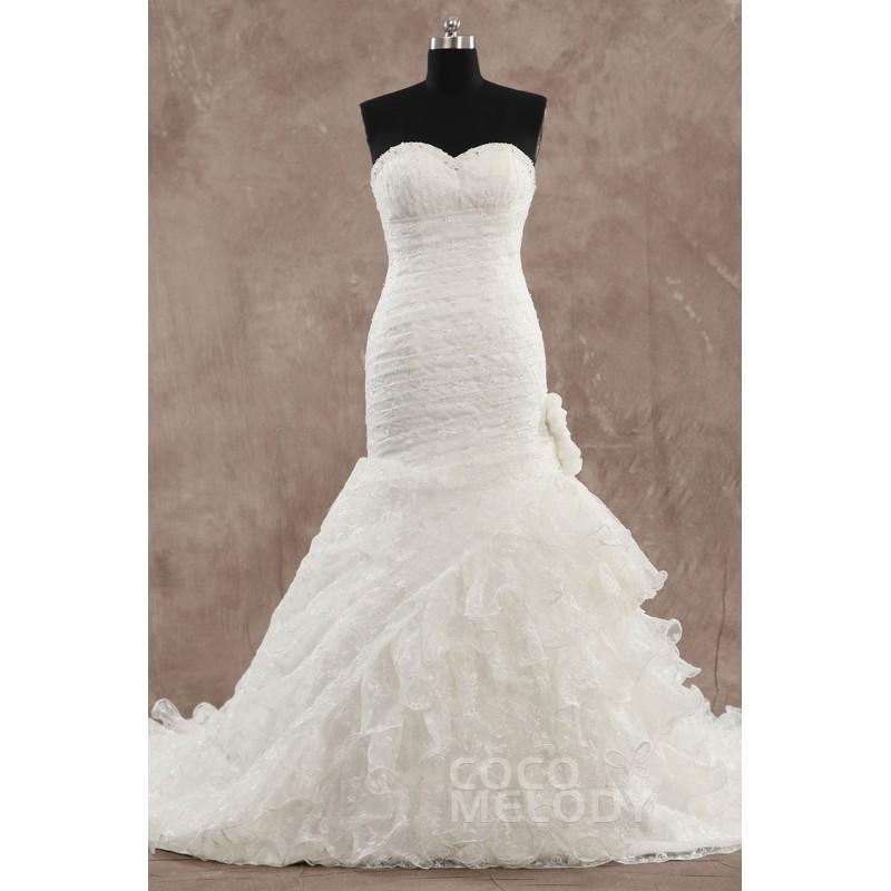 Mariage - Dreamy Trumpet-Mermaid Sweetheart Train Organza Sleeveless Lace Up-Corset Wedding Dress with Flower LD3386 - Top Designer Wedding Online-Shop
