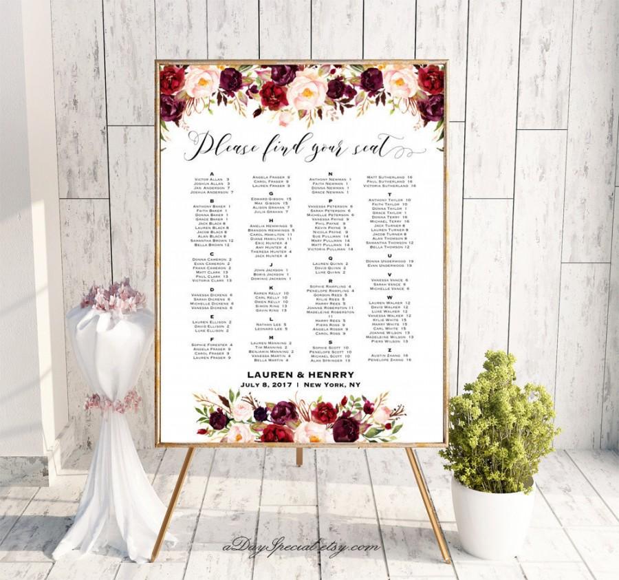 Wedding - Burgundy Floral Alphabetical Seating Chart Template, Printable Wedding Seating Plan, up to 300 People, 24x36 Poster PDF Download #101