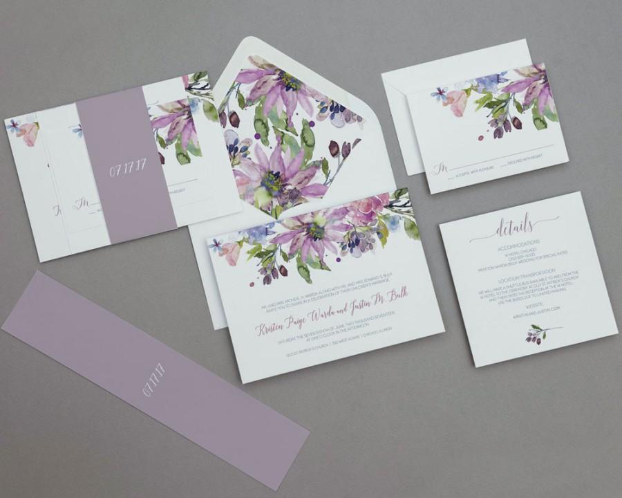زفاف - Modern Rustic Lilac Floral Wedding Invitations,Rustic Boho Floral Wedding Invite,Modern Floral Wedding Invitation,Boho Purple Floral Wedding