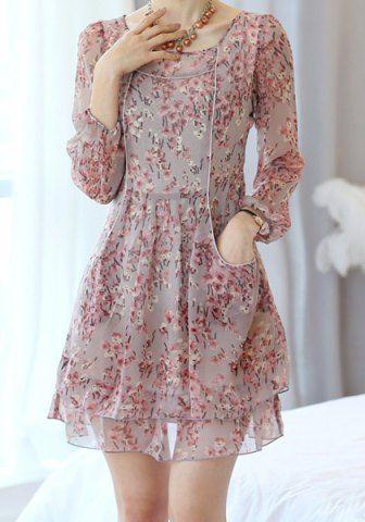 زفاف - Sweet Scoop Neck Floral Print Chiffon Long Sleeve Women's Dress