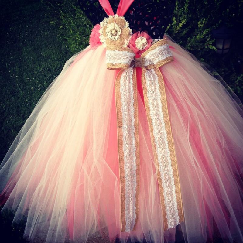 Mariage - Coral & Burlap Couture Flower Girl Tutu Dress/ Shabby Chic Wedding/ Rustic Wedding/ Country Wedding - Hand-made Beautiful Dresses