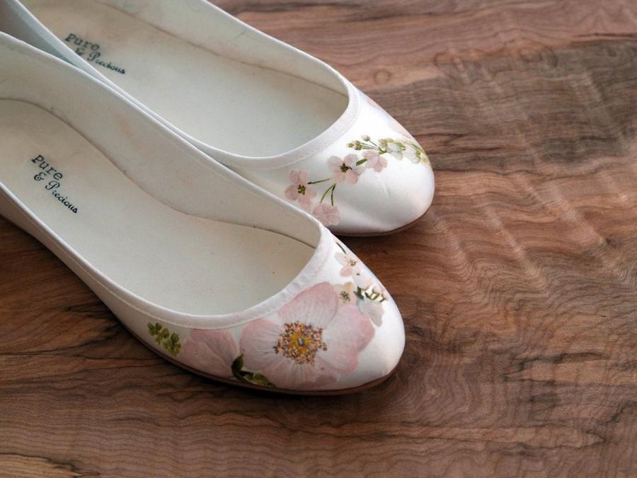 Wedding - Hand-painted floral flat ballerina ivory wedding shoes Roses and Cherry Blossom print