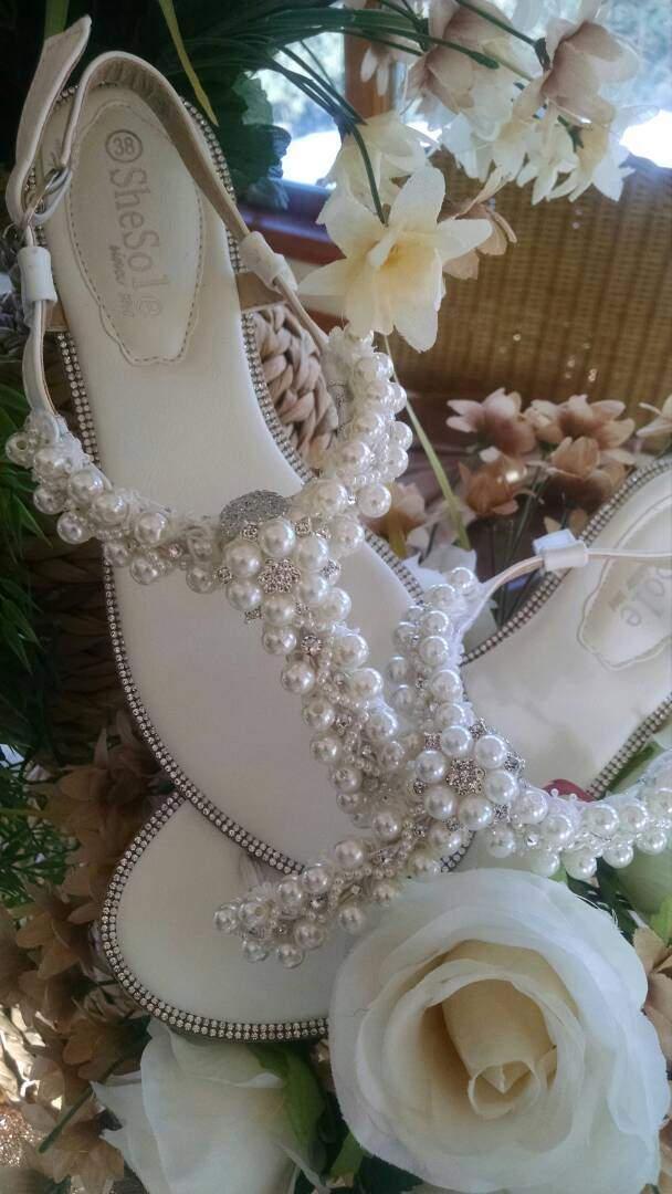 Wedding - White Pearl Beaded Rhinestone Bridal/Beach Wedding Sandals