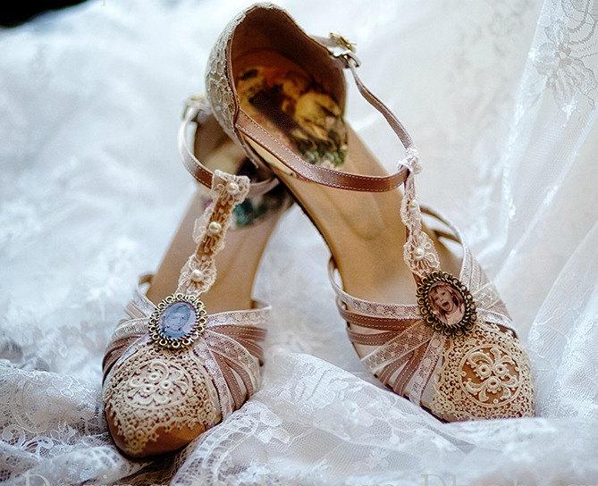 Wedding - Gatsby .. T-Strap..1920s wedding shoes..antique lace ..Vintage Wedding.. personalized custom design... FREE Postage in US ..
