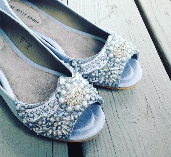 Hochzeit - Wedding Shoes - Art Deco Inspired Peep Toe Flat - Lace, Crystal and Pearls - Ivory/White/Blue