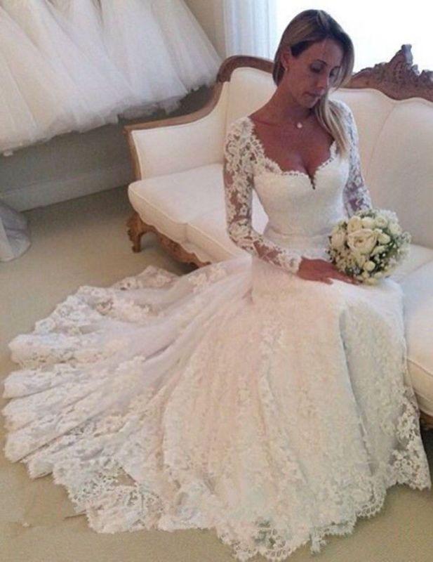 زفاف - New Long Sleeves White/Ivory Lace Wedding Dresses Bridal Gown Custom Size 2-16  