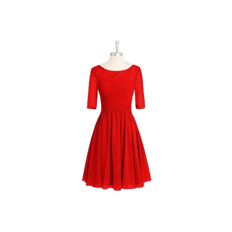Mariage - Red Azazie Hattie - Back Zip Chiffon And Lace Boatneck Knee Length Dress - Charming Bridesmaids Store