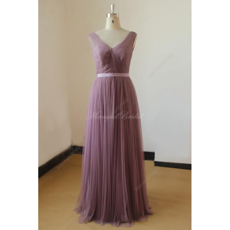 Hochzeit - Simple deep v neckline mauve tulle bridemaid dress, prom dress - Hand-made Beautiful Dresses