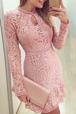 Mariage - Hollow Out Lace Long Sleeve Dress
